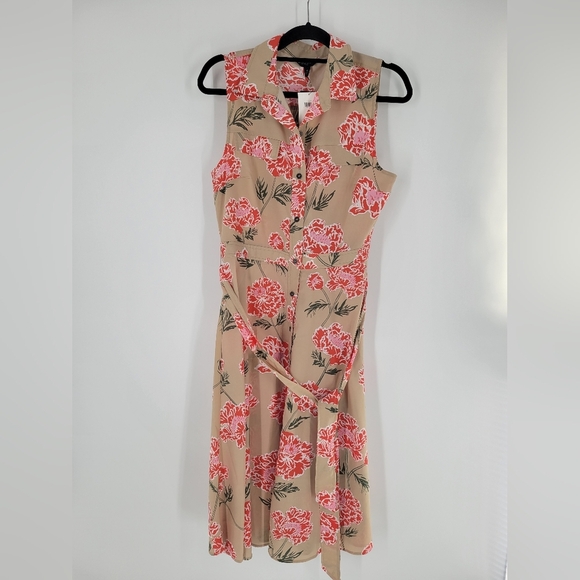 Banana Republic Floral Midi Sleeveless Dress Button Up - Tan and Red - Sz 10 New - Picture 1 of 9